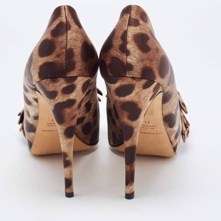 Pre Owned Dolce & Gabbana Brown/Beige Leopard Print Satin Bow Peep Toe Pumps Size 41
