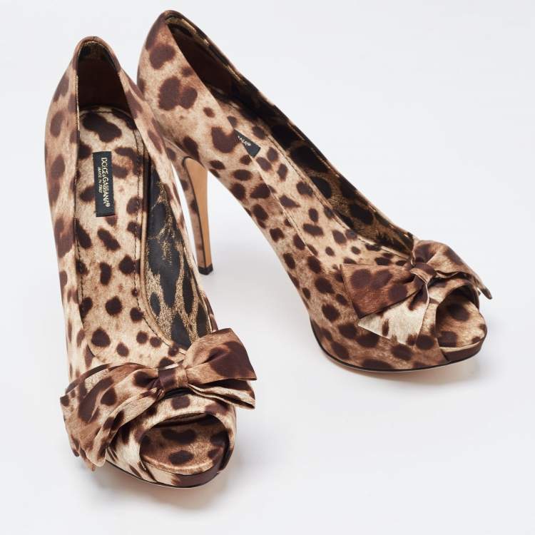 Pre Owned Dolce & Gabbana Brown/Beige Leopard Print Satin Bow Peep Toe Pumps Size 41