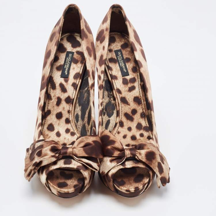 Pre Owned Dolce & Gabbana Brown/Beige Leopard Print Satin Bow Peep Toe Pumps Size 41