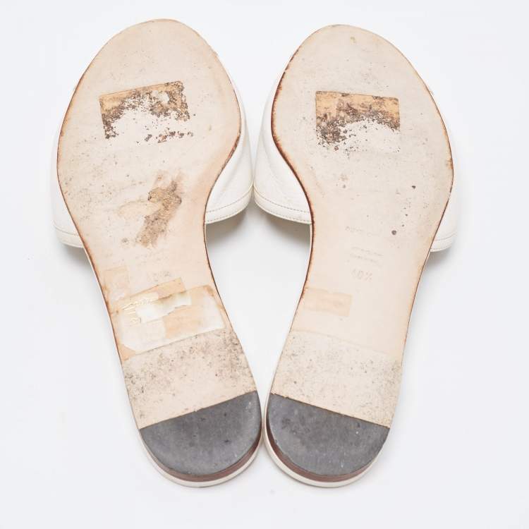 Pre Owned Dolce & Gabbana White Lizard Embossed Leather Crystal Embellished Bow Flat Slides Size 40.5