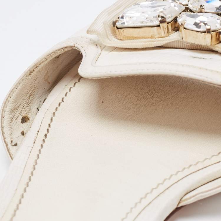 Pre Owned Dolce & Gabbana White Lizard Embossed Leather Crystal Embellished Bow Flat Slides Size 40.5