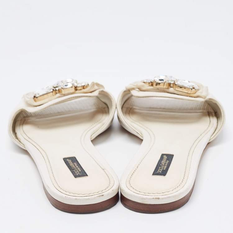 Pre Owned Dolce & Gabbana White Lizard Embossed Leather Crystal Embellished Bow Flat Slides Size 40.5