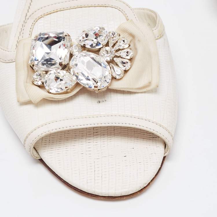 Pre Owned Dolce & Gabbana White Lizard Embossed Leather Crystal Embellished Bow Flat Slides Size 40.5