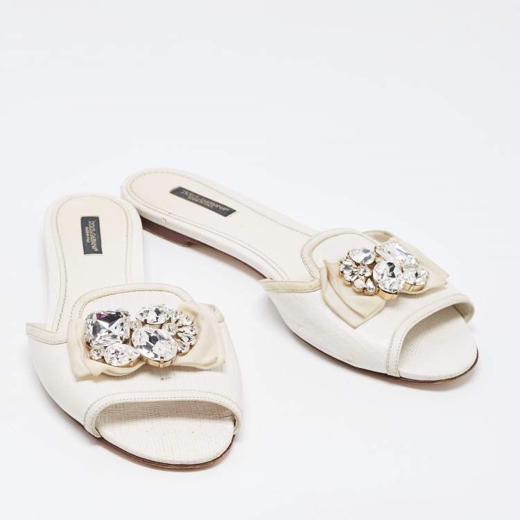 Pre Owned Dolce & Gabbana White Lizard Embossed Leather Crystal Embellished Bow Flat Slides Size 40.5