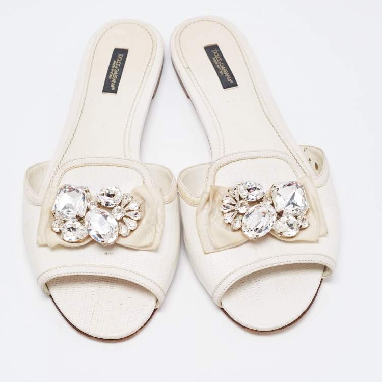 Pre Owned Dolce & Gabbana White Lizard Embossed Leather Crystal Embellished Bow Flat Slides Size 40.5
