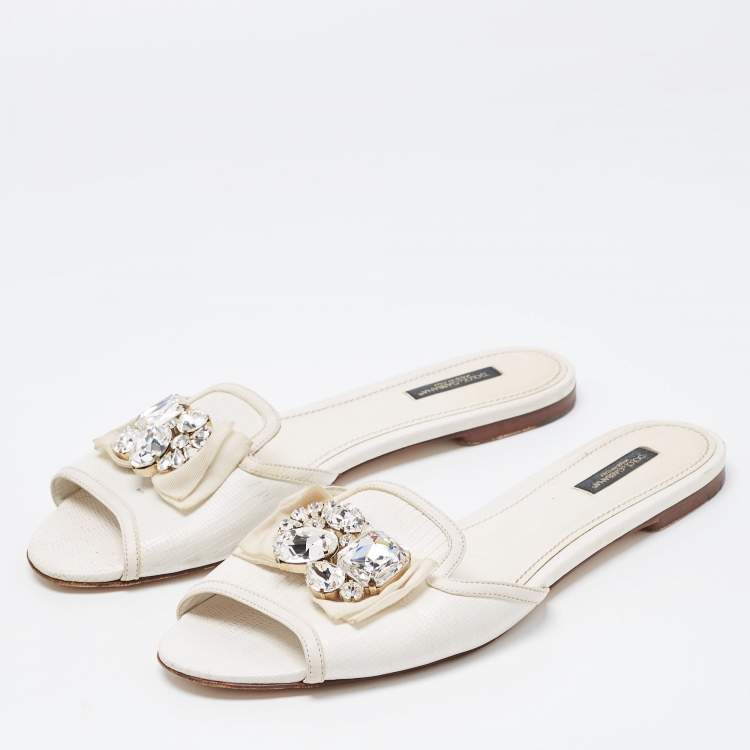Pre Owned Dolce & Gabbana White Lizard Embossed Leather Crystal Embellished Bow Flat Slides Size 40.5