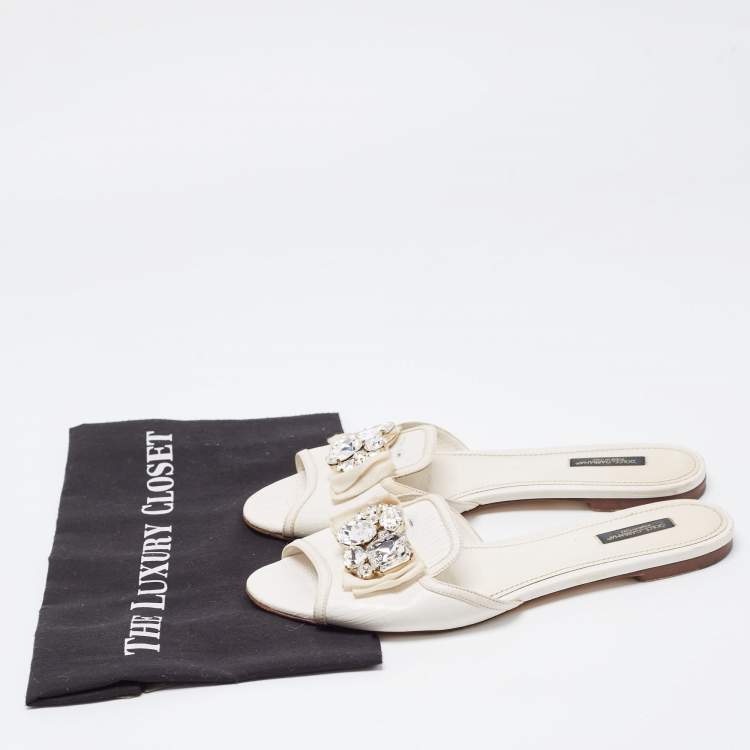 Pre Owned Dolce & Gabbana White Lizard Embossed Leather Crystal Embellished Bow Flat Slides Size 40.5