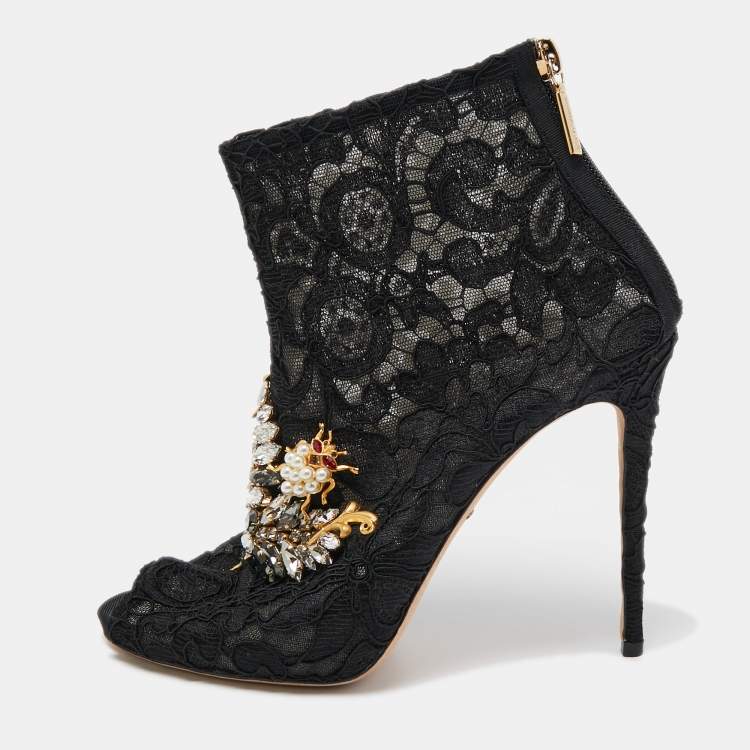 Pre Owned Dolce & Gabbana Black Lace Crystal Embellished Peep Toe Booties Size 37.5