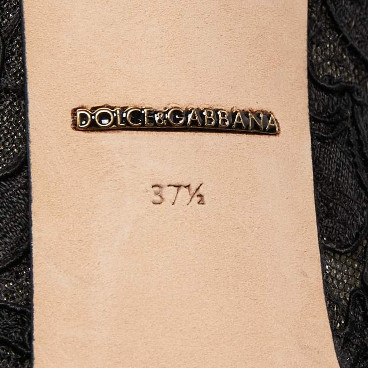 Pre Owned Dolce & Gabbana Black Lace Crystal Embellished Peep Toe Booties Size 37.5