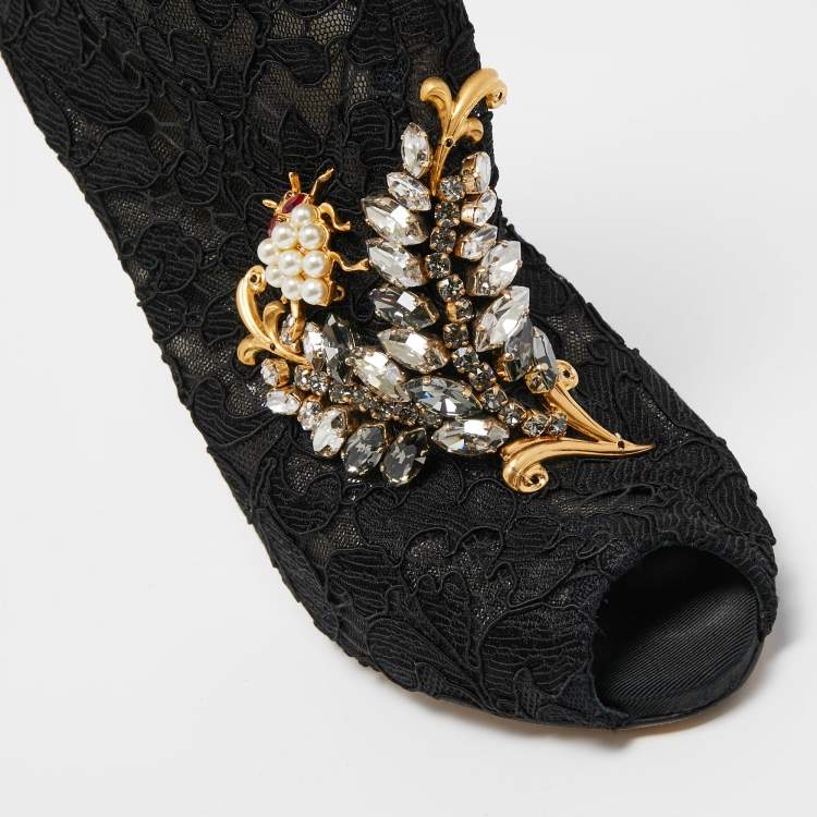 Pre Owned Dolce & Gabbana Black Lace Crystal Embellished Peep Toe Booties Size 37.5