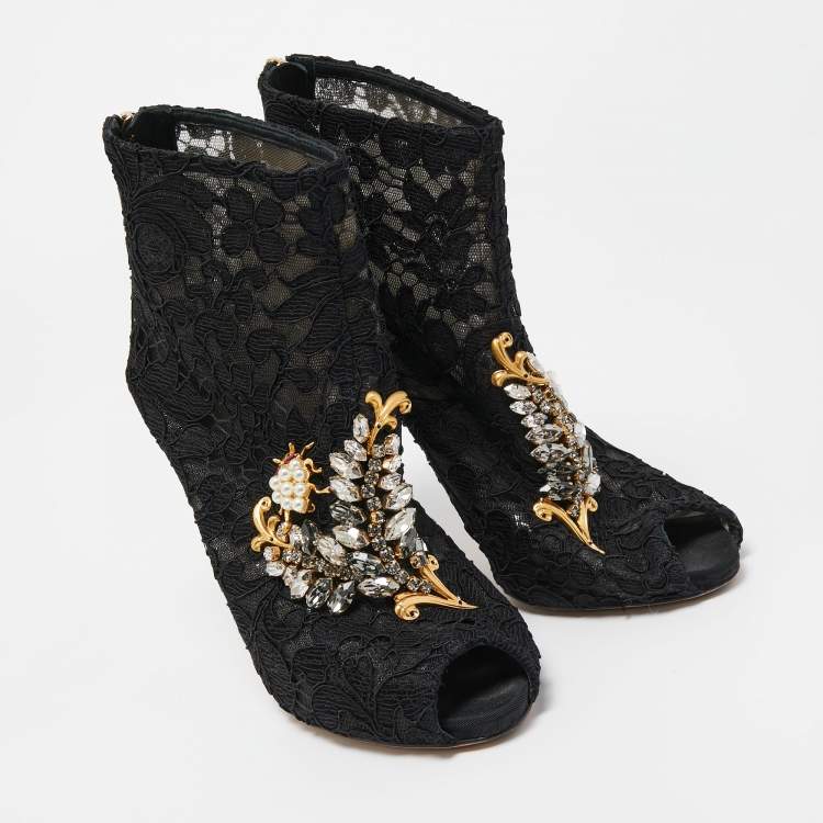 Pre Owned Dolce & Gabbana Black Lace Crystal Embellished Peep Toe Booties Size 37.5