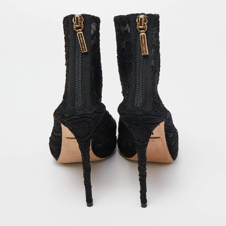 Pre Owned Dolce & Gabbana Black Lace Crystal Embellished Peep Toe Booties Size 37.5