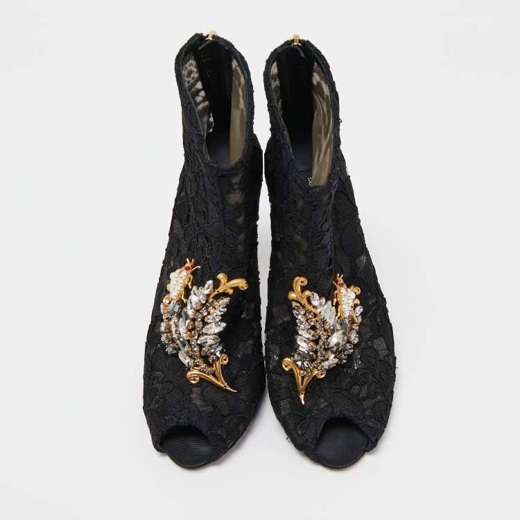Pre Owned Dolce & Gabbana Black Lace Crystal Embellished Peep Toe Booties Size 37.5