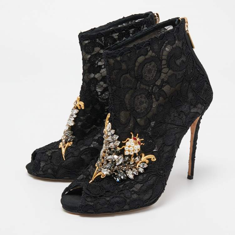 Pre Owned Dolce & Gabbana Black Lace Crystal Embellished Peep Toe Booties Size 37.5