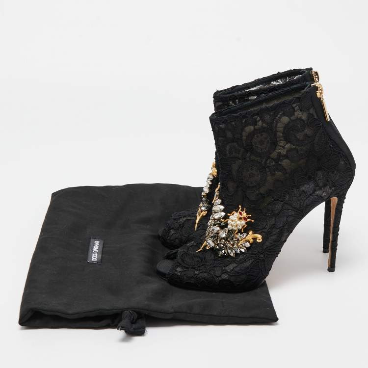 Pre Owned Dolce & Gabbana Black Lace Crystal Embellished Peep Toe Booties Size 37.5