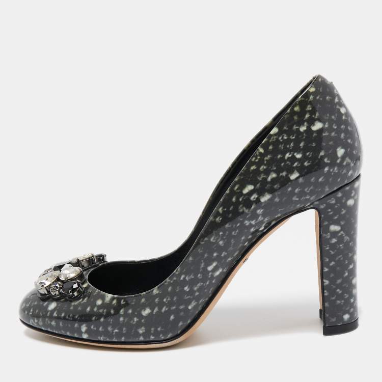 Pre Owned Dolce & Gabbana Grey Patent Crystal Embellishments Pumps Size 37
