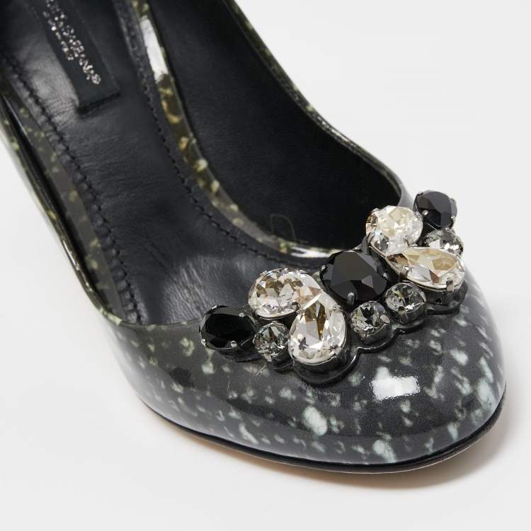 Pre Owned Dolce & Gabbana Grey Patent Crystal Embellishments Pumps Size 37