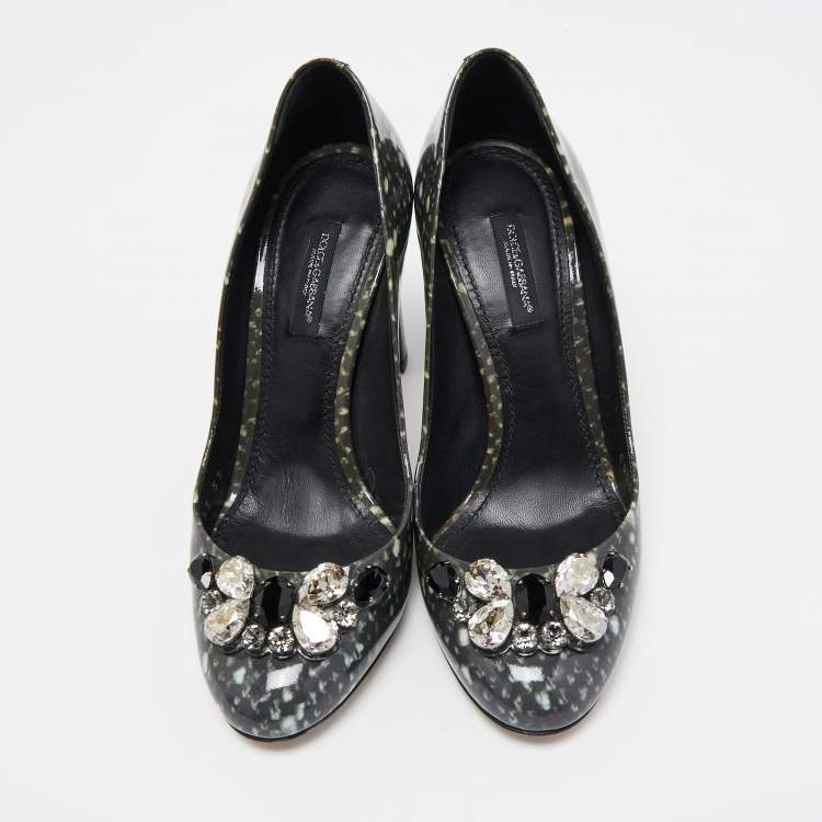 Pre Owned Dolce & Gabbana Grey Patent Crystal Embellishments Pumps Size 37