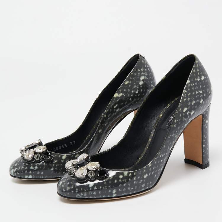 Pre Owned Dolce & Gabbana Grey Patent Crystal Embellishments Pumps Size 37