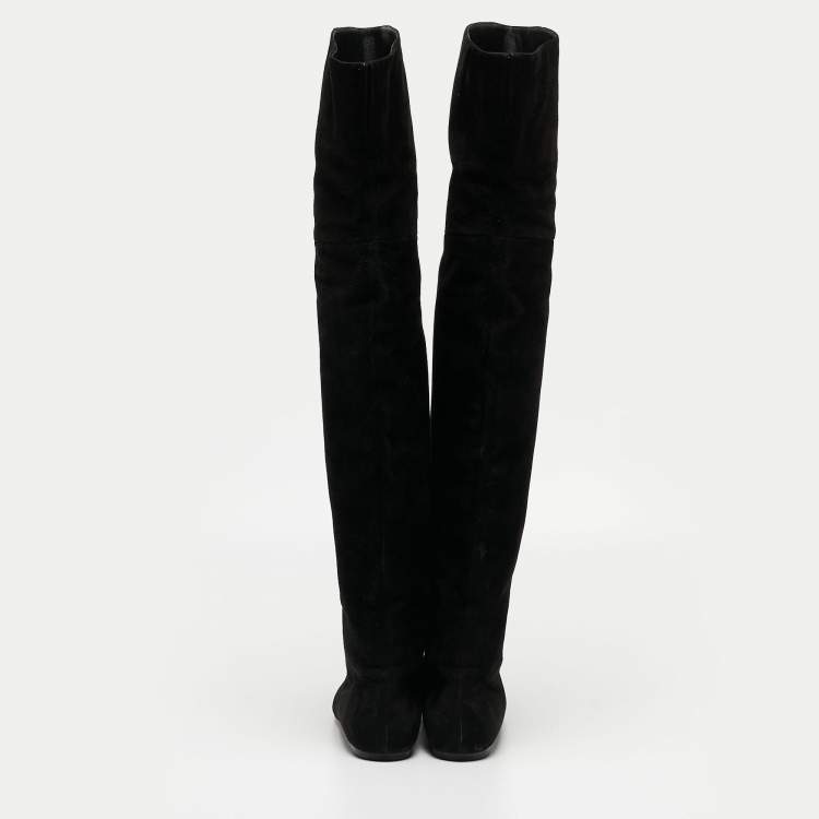 Pre Owned Dolce & Gabbana Black Suede Over The Knee Boots Size 37.5