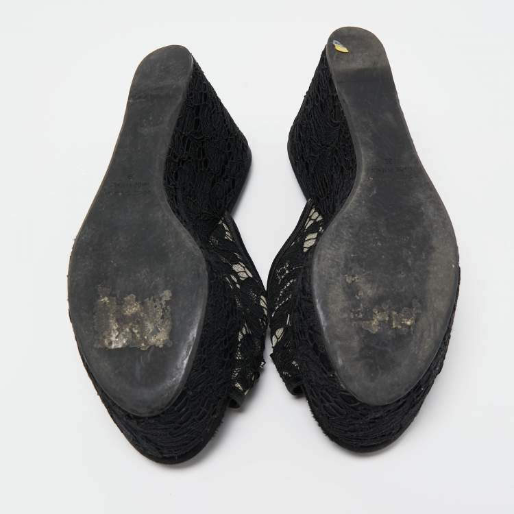 Pre Owned Dolce & Gabbana Black Lace Crystal Embellished Platform Wedge Slide Sandals Size 39