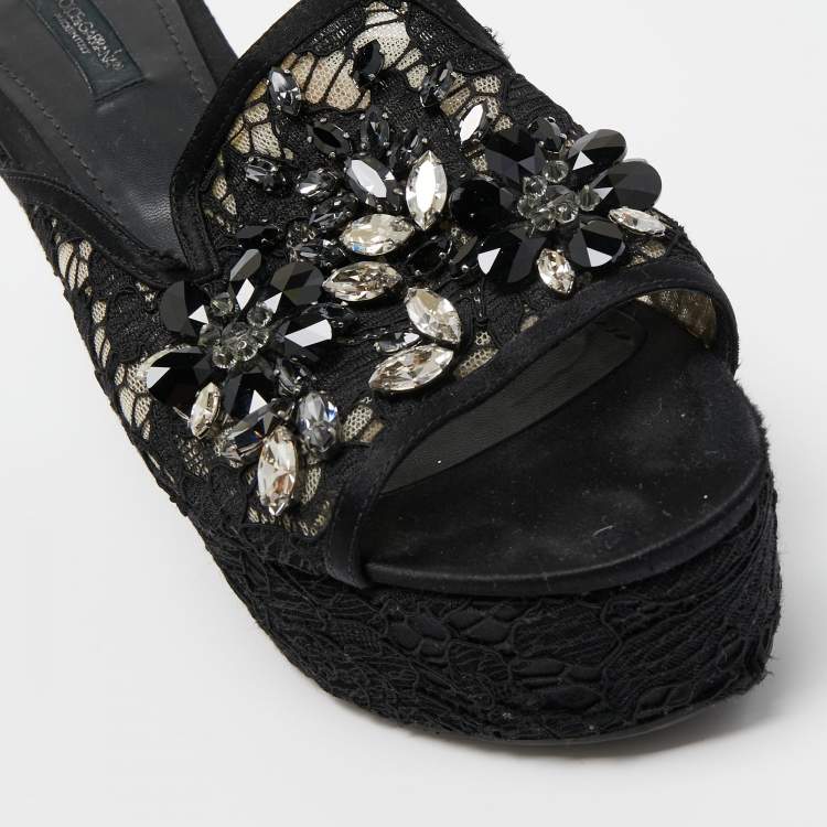 Pre Owned Dolce & Gabbana Black Lace Crystal Embellished Platform Wedge Slide Sandals Size 39