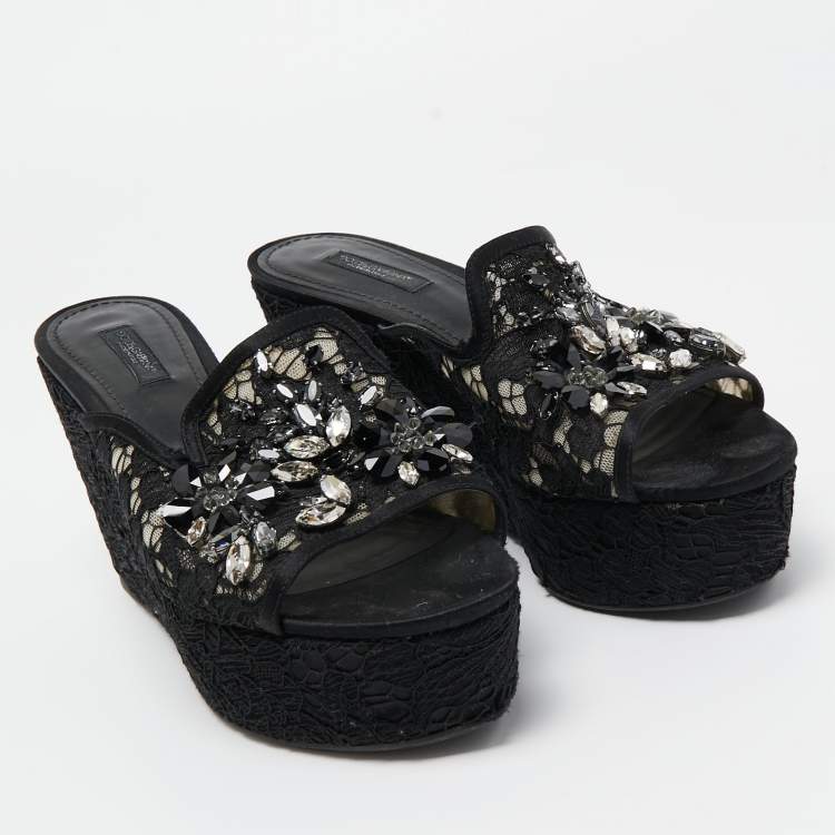 Pre Owned Dolce & Gabbana Black Lace Crystal Embellished Platform Wedge Slide Sandals Size 39