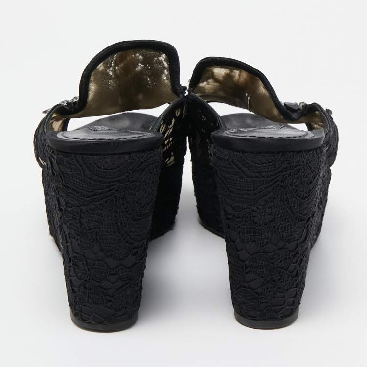 Pre Owned Dolce & Gabbana Black Lace Crystal Embellished Platform Wedge Slide Sandals Size 39