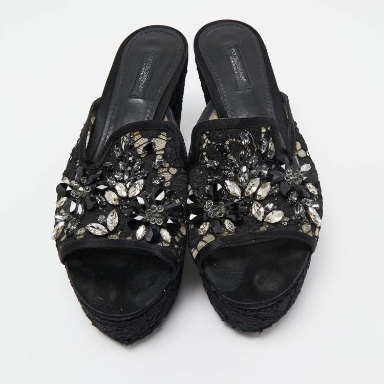 Pre Owned Dolce & Gabbana Black Lace Crystal Embellished Platform Wedge Slide Sandals Size 39