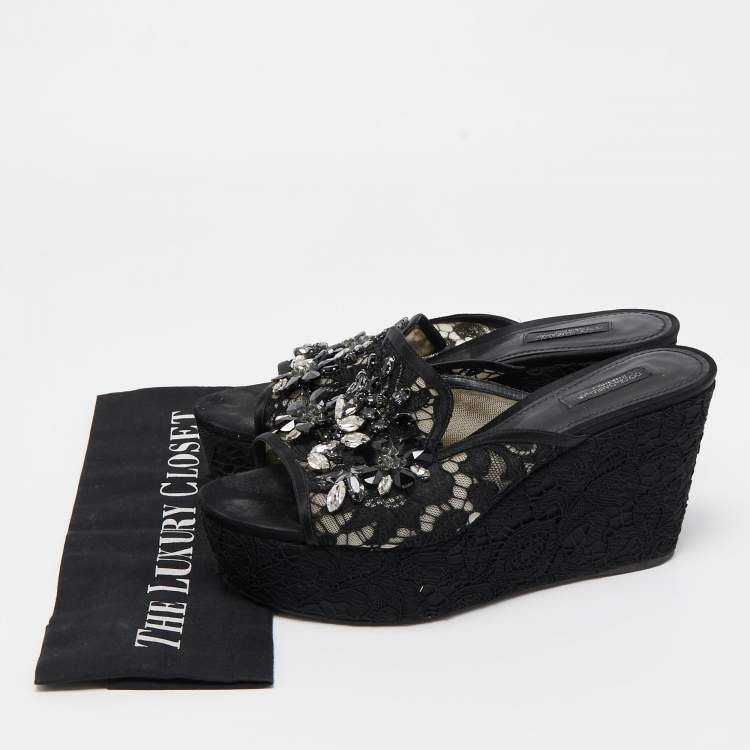Pre Owned Dolce & Gabbana Black Lace Crystal Embellished Platform Wedge Slide Sandals Size 39