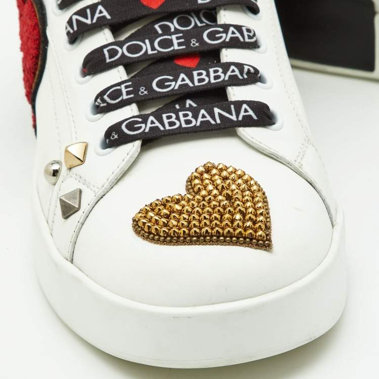 Pre Owned Dolce & Gabbana White Leather Portofino Heart Low Top Sneakers Size 39.5