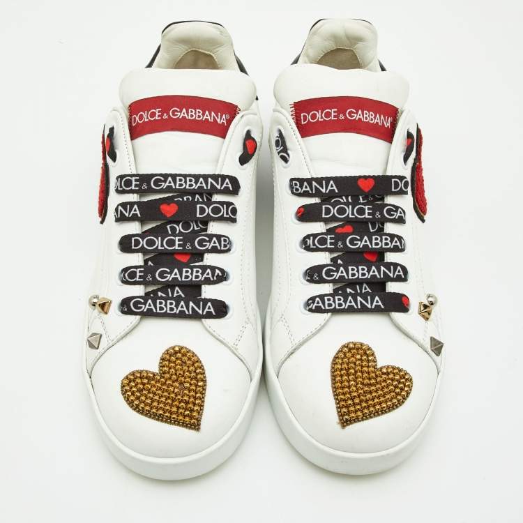 Pre Owned Dolce & Gabbana White Leather Portofino Heart Low Top Sneakers Size 39.5