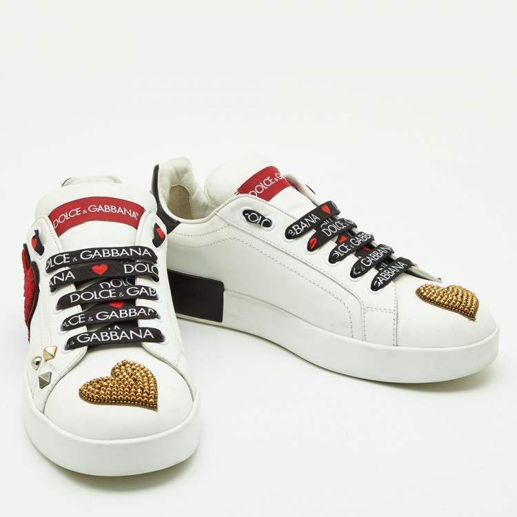 Pre Owned Dolce & Gabbana White Leather Portofino Heart Low Top Sneakers Size 39.5