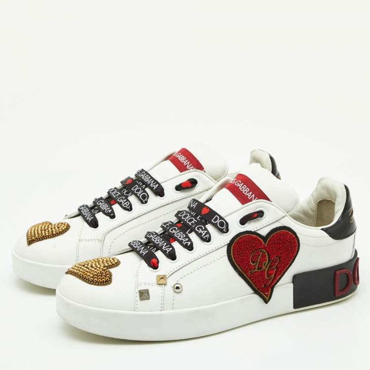 Pre Owned Dolce & Gabbana White Leather Portofino Heart Low Top Sneakers Size 39.5