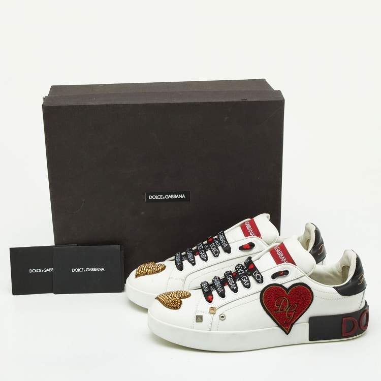 Pre Owned Dolce & Gabbana White Leather Portofino Heart Low Top Sneakers Size 39.5
