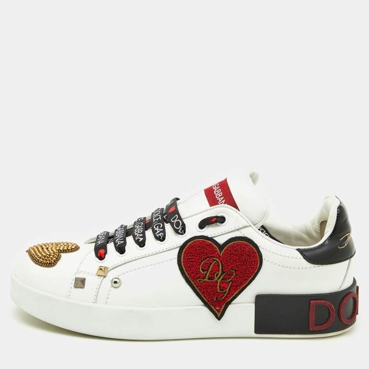 Pre Owned Dolce & Gabbana White Leather Portofino Heart Low Top Sneakers Size 39.5