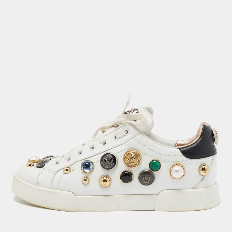 Pre Owned Dolce & Gabbana White Leather Embellished Low Top Sneakers Size 40