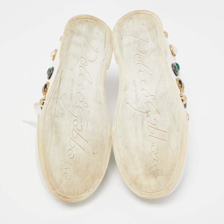 Pre Owned Dolce & Gabbana White Leather Embellished Low Top Sneakers Size 40