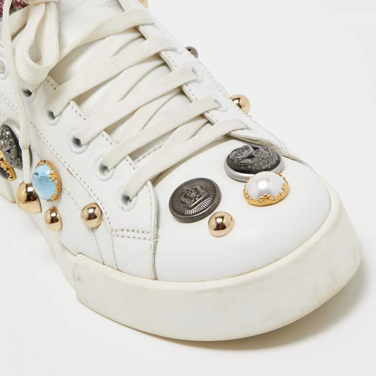 Pre Owned Dolce & Gabbana White Leather Embellished Low Top Sneakers Size 40