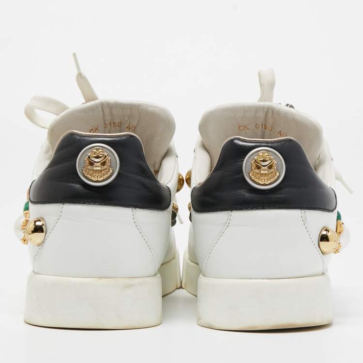 Pre Owned Dolce & Gabbana White Leather Embellished Low Top Sneakers Size 40