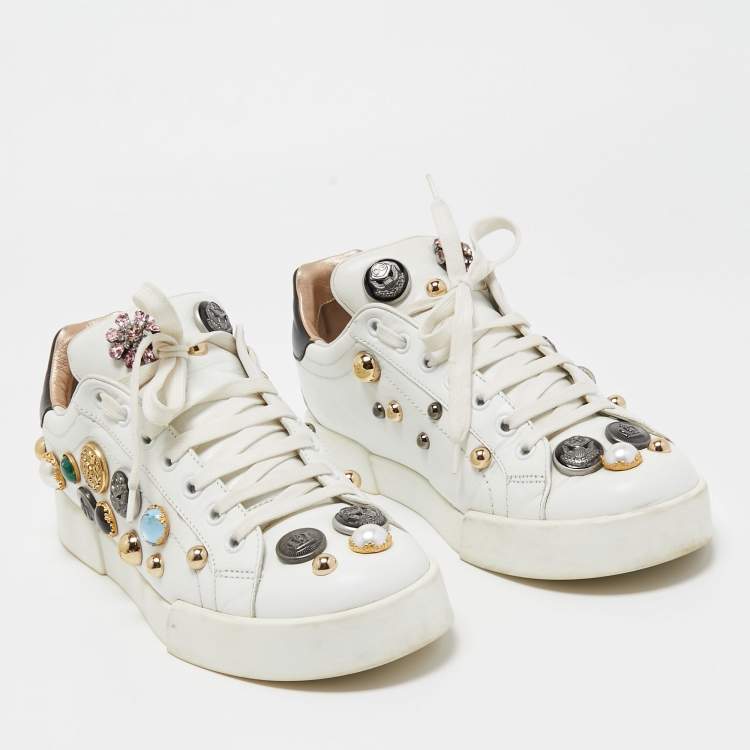 Pre Owned Dolce & Gabbana White Leather Embellished Low Top Sneakers Size 40