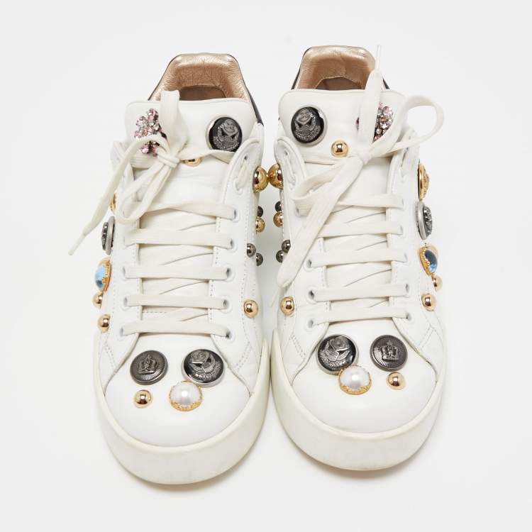 Pre Owned Dolce & Gabbana White Leather Embellished Low Top Sneakers Size 40