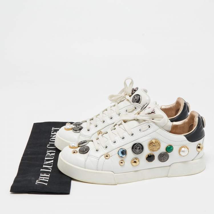 Pre Owned Dolce & Gabbana White Leather Embellished Low Top Sneakers Size 40