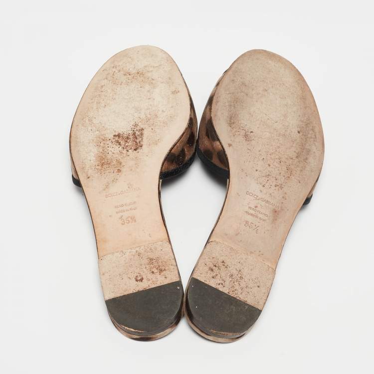 Pre Owned Dolce & Gabbana Brown Leaopard Print Fabric Bellucci Slide Flats Size 35.5