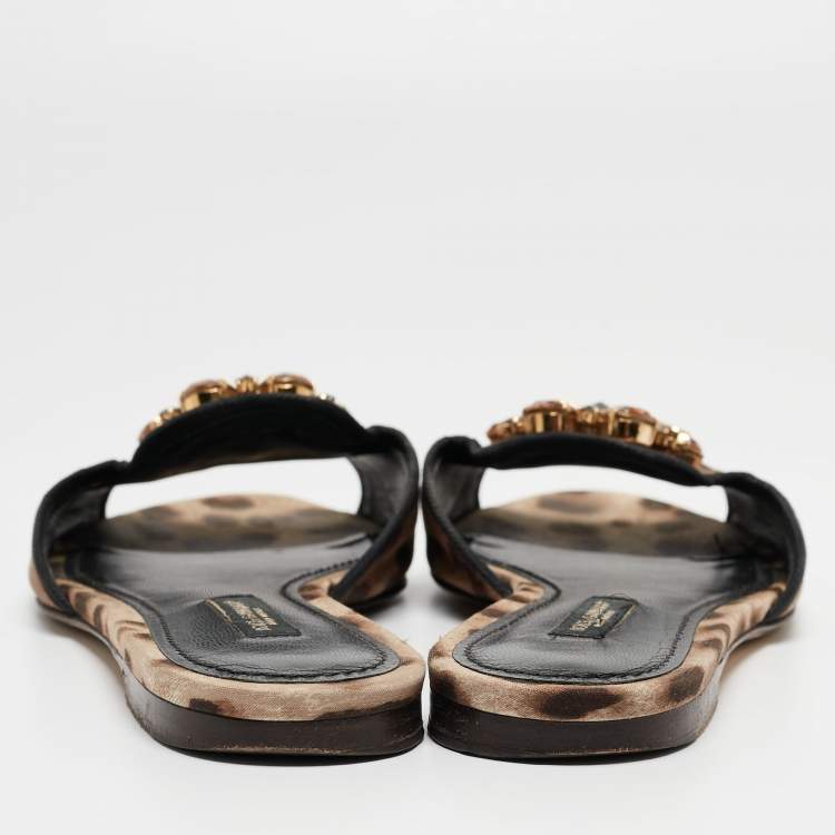 Pre Owned Dolce & Gabbana Brown Leaopard Print Fabric Bellucci Slide Flats Size 35.5