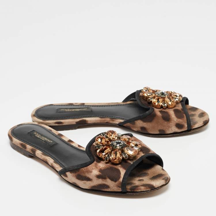 Pre Owned Dolce & Gabbana Brown Leaopard Print Fabric Bellucci Slide Flats Size 35.5