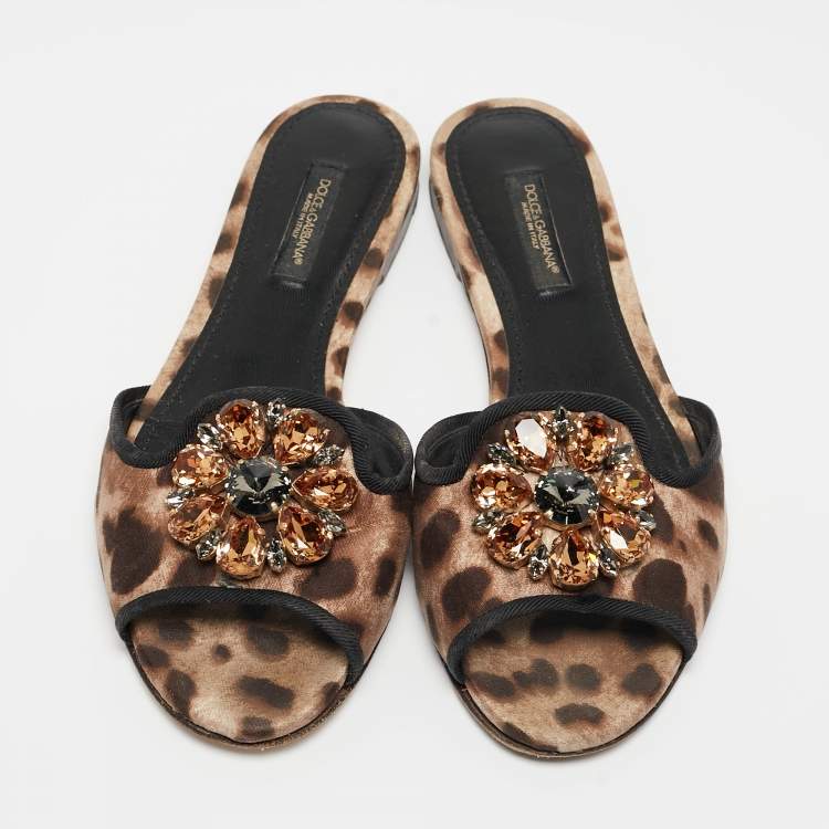 Pre Owned Dolce & Gabbana Brown Leaopard Print Fabric Bellucci Slide Flats Size 35.5