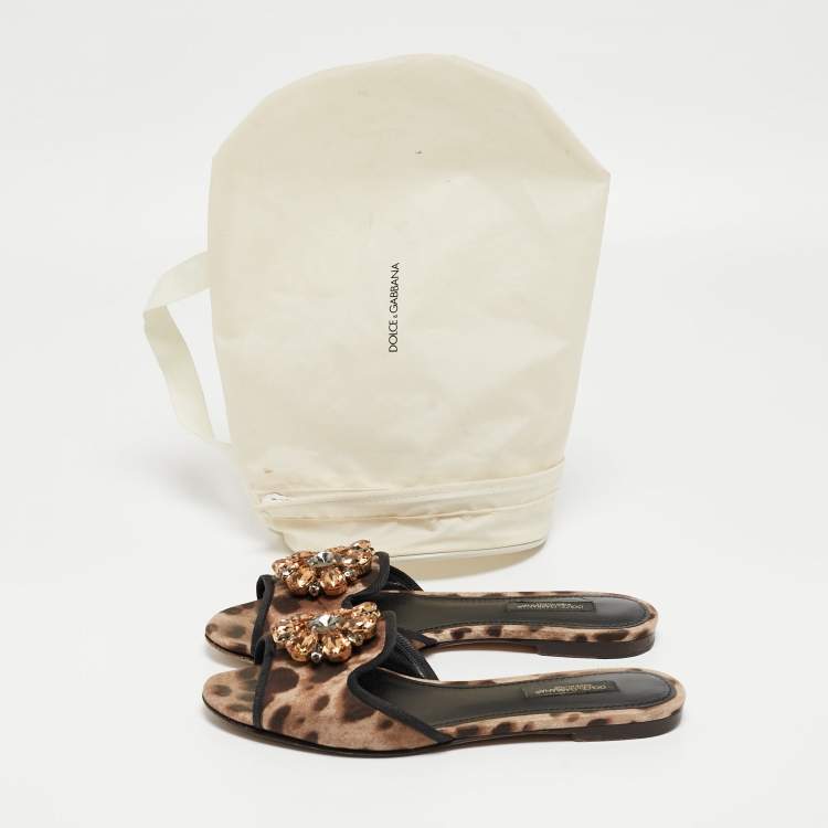 Pre Owned Dolce & Gabbana Brown Leaopard Print Fabric Bellucci Slide Flats Size 35.5