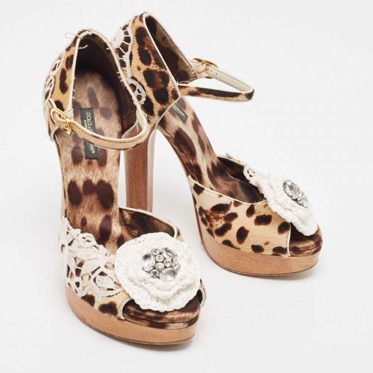 Pre Owned Dolce & Gabbana Beige Leopard Print Calfhair and Crochet Floral D'Orsay Pumps Size 38