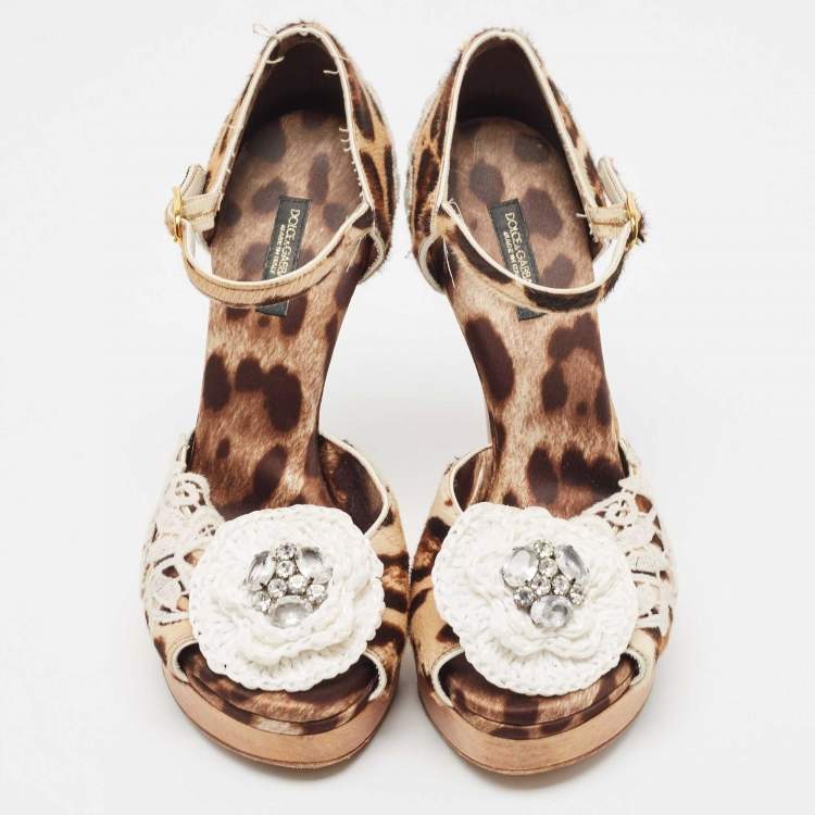 Pre Owned Dolce & Gabbana Beige Leopard Print Calfhair and Crochet Floral D'Orsay Pumps Size 38